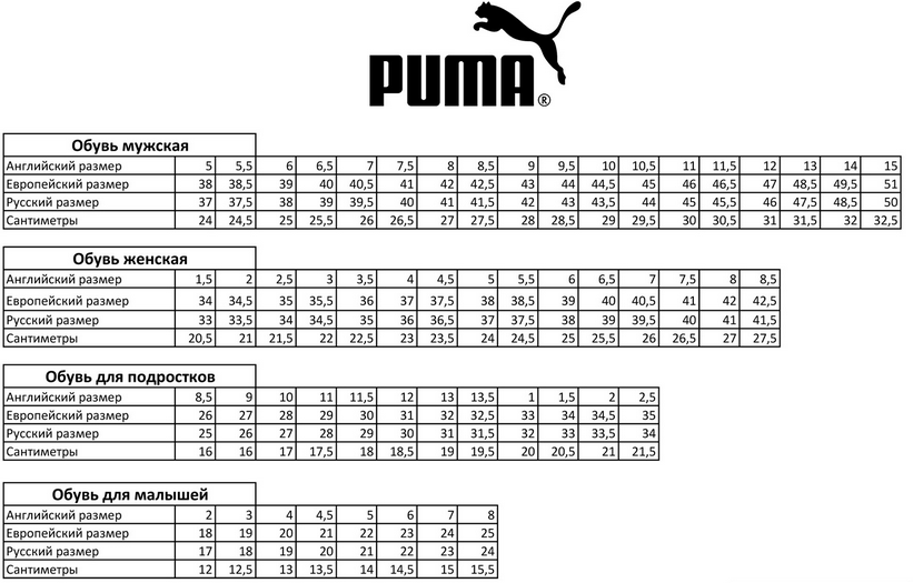 размер puma, размерная сетка puma