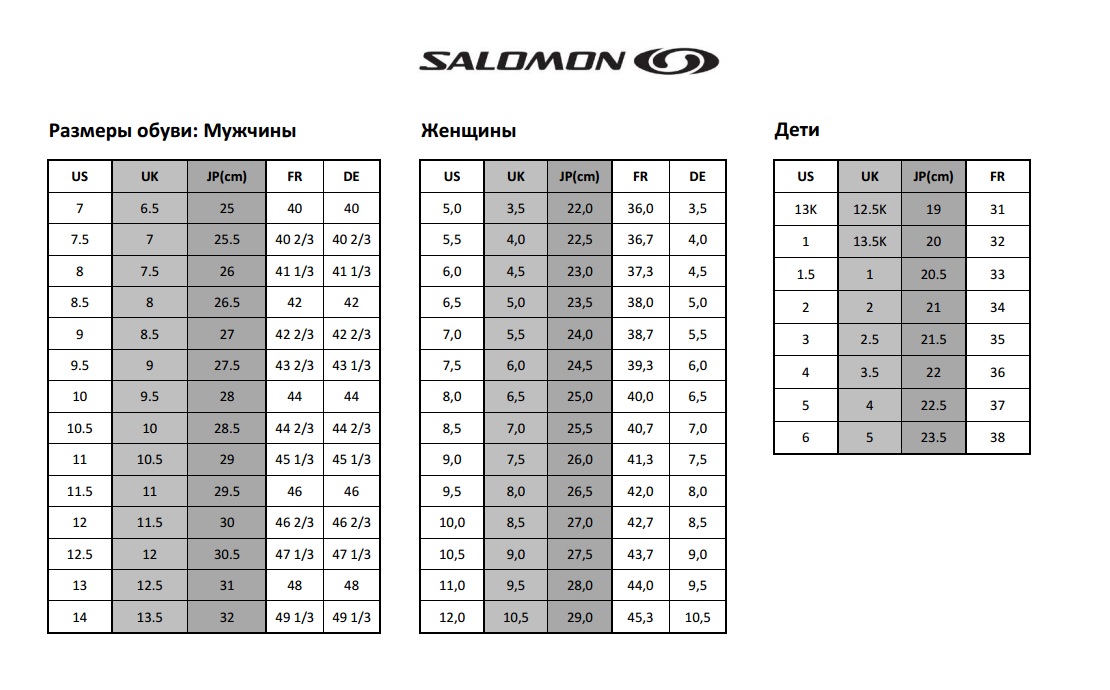 размер salomon, размерная сетка salomon